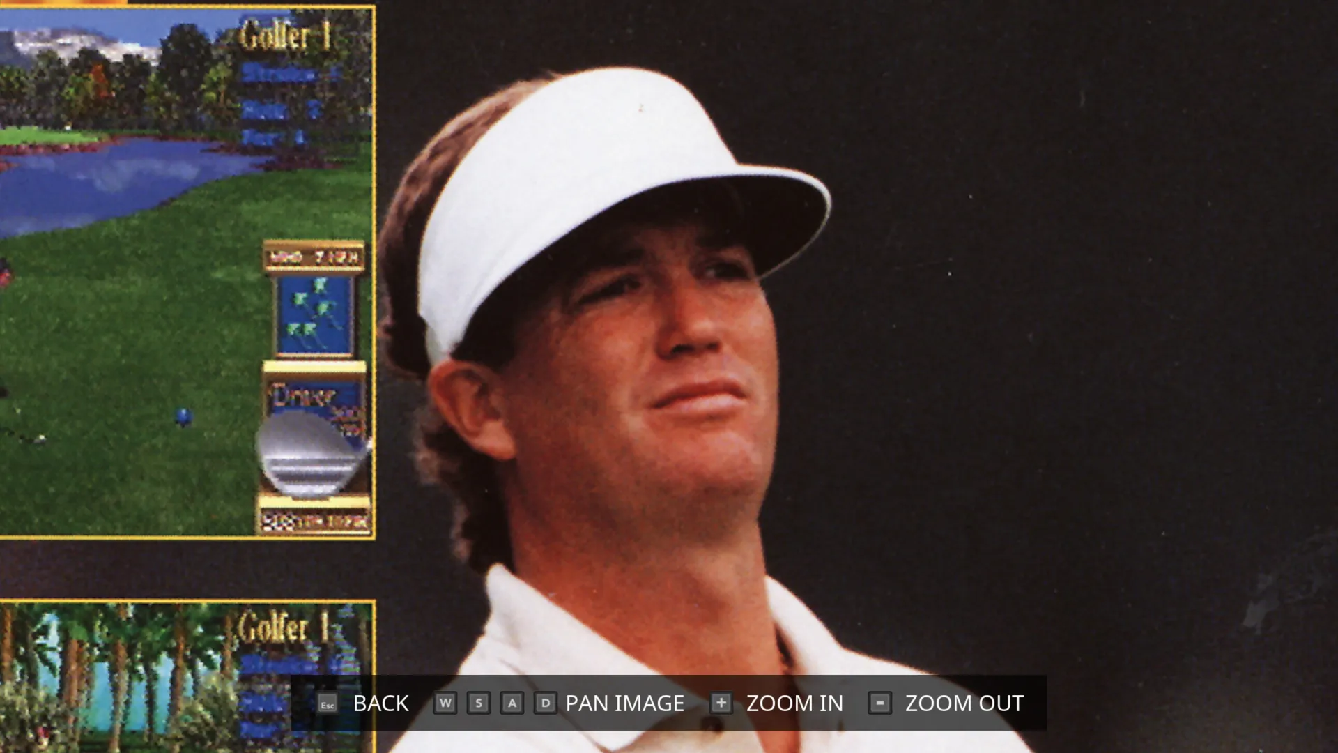 Golden Tee Golf: a golfer in a white visor beside arcade gameplay screenshots